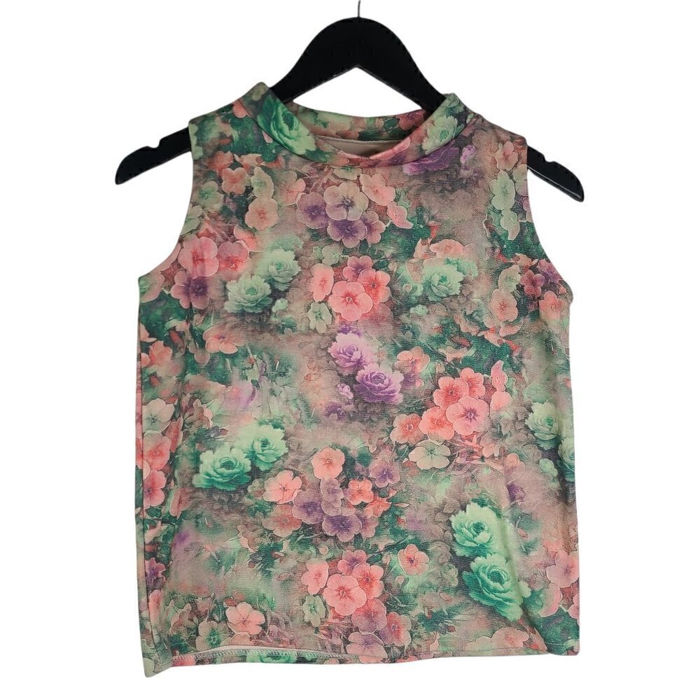 4/$25 Women's 60s 70s  Print Green Floral  k Tank Top